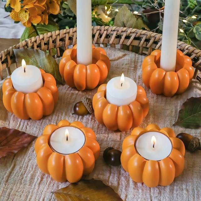 2-in-1 Pumpkin Tealight/Candlestick Holder (Set of 6) - Orange