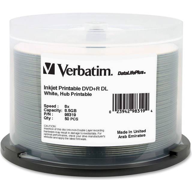 Verbatim DVD+R DL 8.5GB 8X DataLifePlus White InkJet Printable  Hub Printable - 50pk Spindle - 98319