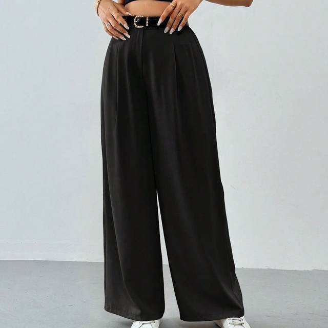 SHEIN Women&#39;s Pleated High Waist Belted Wide Leg Casual & Commuting Pants In Beige