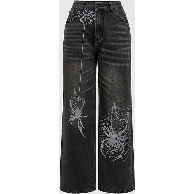 ROMWE Women&#39;s Fashion Distressed Spider Print Straight Leg Boy Friend Jeans