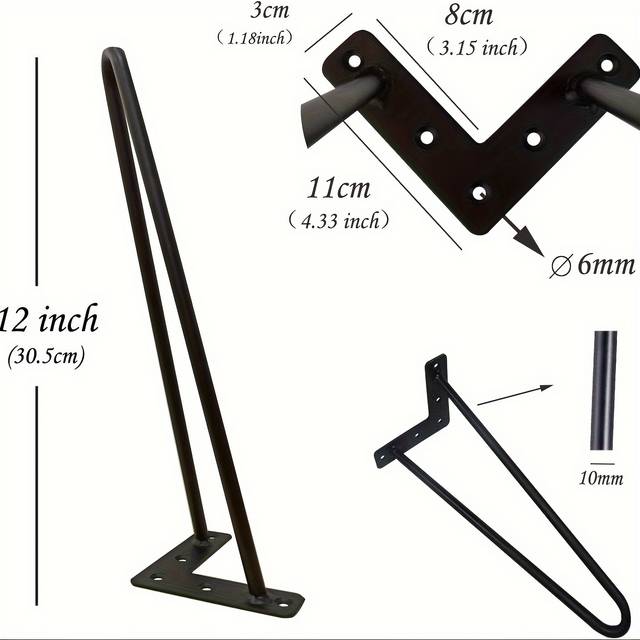 TEMU 4 X Hairpin Legs/ Hair Pin Legs Set Furniture Bench Desk Table Metal Steel Black For Diy Home Office Restaurant Desk, Bench, Seat, Tv Stand, Table, Desk, Cabinet As Decorations