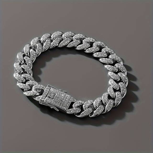 TEMU Fashionable With Large Water Drill Chains In Hip-hop Style, Cuban Link Bracelet.