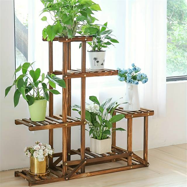 TEMU Elegant 6-tier Natural Pine Wood Plant Stand - Stained Medium Brown, Indoor/outdoor Flower Display Rack With Vine Support, Ideal For Garden & Home Decor, 37.4x9.84x37.79in