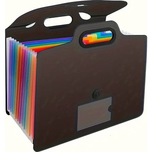 TEMU A Portable A4 Paper Size Storage Box With 13 Expandable Folder Pockets And Colorful Labels, Featuring A Handle.