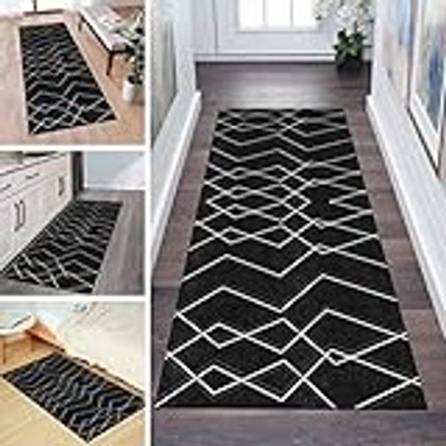 QQrunner Matta, löpare, hall, kök, 120 x 400 cm, köksmatta, halkfri, svart, vit, randig, tvättbar, metervara, sovrum, korridor, löpare, lång, anpassningsbar, 40–120 cm bred