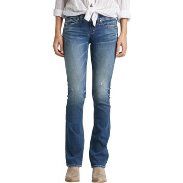 Silver Jeans Co. Women's Tuesday Low Rise Slim Bootcut Jeans  Medium Indigo Distressed  33W x 31L