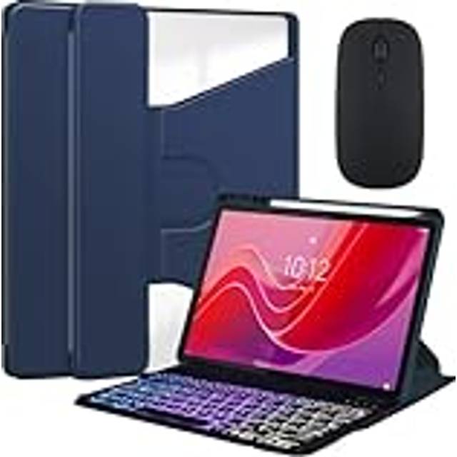 Tangentbordsfodral för Lenovo Tab M11 11 tum 2024 TB330FU, 360° vridbart fodral, 7 färger regnbågsbakgrundsbelysning Löstagbart USB-C-tangentbord med mus,Navy
