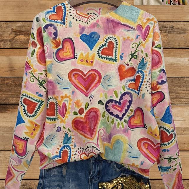 TEMU Women's Lightweight Heart Print Knit Sweater - Casual Crew Neck, Long Sleeve, Vibrant & Design, Spring & Fall