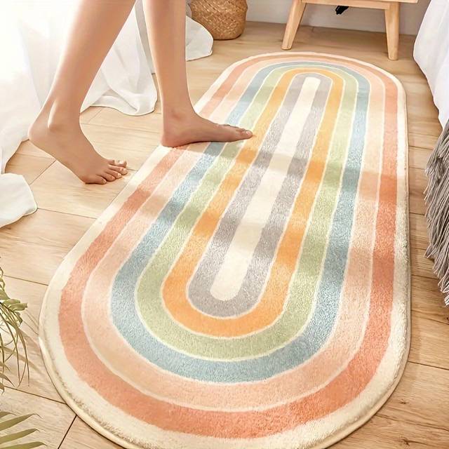 TEMU 1pc Soft Plush Rainbow Stripe Area Rug, Polyester, Machine Washable, For Bedroom, Living Room, Home Decor, Indoor Use