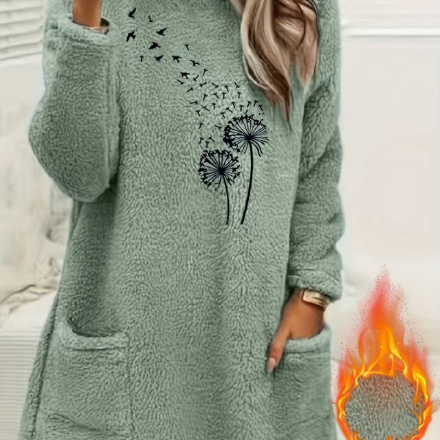 TEMU Women's Cozy Fleece Sweatshirt With Dandelion Print - Long Sleeve Pullover With Pockets, Soft Top For Fall/winter, Comfortable Clothing | Dandelion Print Top | Stretchy Fabric