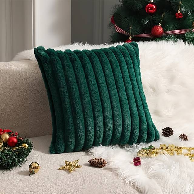 TEMU 1pc Cozy Fur Plush Throw Pillow Cover - Fluffy Striped Winter & Christmas Decorative Cushion Case With Zipper Closure For Sofa & Bed, Only, Polyester