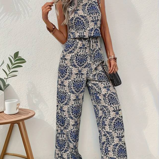 TEMU Ethnic Print Crew Neck Tank Jumpsuit, Vintage Sleeveless Tie Waist Straight Leg Jumpsuit, Women's Clothing