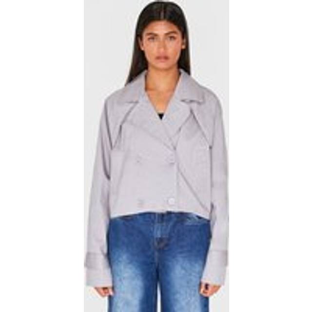 Grey Cropped Storm Flap Detail Trench Coat, Grey - L