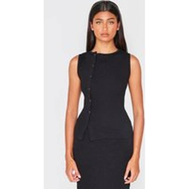 Black Ribbed Detail Asymmetric Button Detail Vest Top, Black - 12