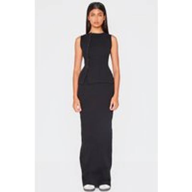 Black Ribbed Detail Mid Rise Maxi Skirt, Black - 8