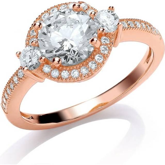 (L) Jewelco London Ladies Rose Gold-Plated Sterling Silver Cubic Zirconia Shoulder-Set Halo Solitaire Engagement Ring