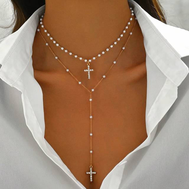 SHEIN 2pcs/Set Handmade Faux Pearl Glass Rhinestone Cross Pendant Necklace, Y-Style, Adjustable Length, Fashionable For Women, Suitable For Daily Wear, Shop
