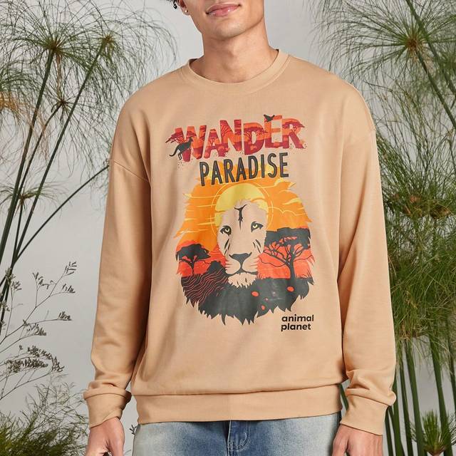 SHEIN Men Casual Loose Knit Lion Head Print Camel Crew Neck Pullover Sweatshirt, Autumn/Winter