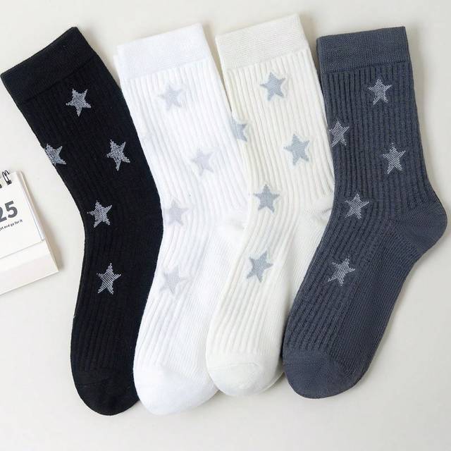 SHEIN 1/4 Pairs Women Fashion Star Pattern Knee High Socks, Minimalist Comfortable Long Socks, Black White Gray Color Versatile Tube Socks