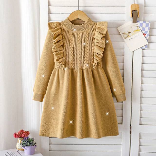 SHEIN Young Girl&#39;s & Elegant Jacquard Knit Ruffle Trim Waist Sweater Dress, Suitable For Family Gathering In Autumn/Winter