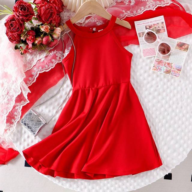 SHEIN Girls Valentine&#39;s Day Party Elegant Red Sleeveless Halter Neck Midi Dress, Girls Formal Occasion Fit And Flare Dress
