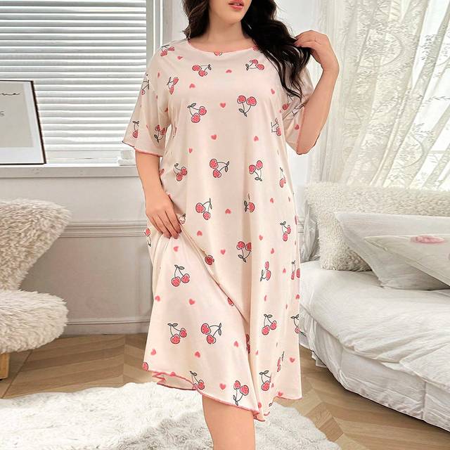 SHEIN Plus Size Casual Cherry Print Short Sleeve Nightgown