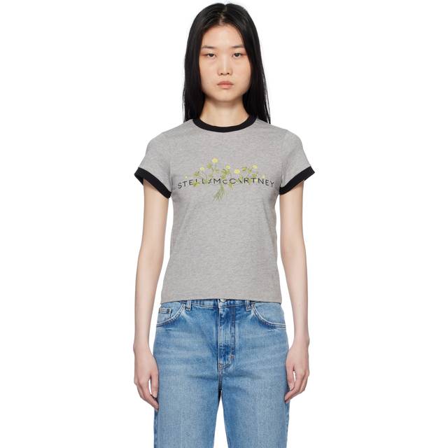 Stella McCartney - Logo Floral Embroidered T-Shirt, Woman, Grey melange, Size: S