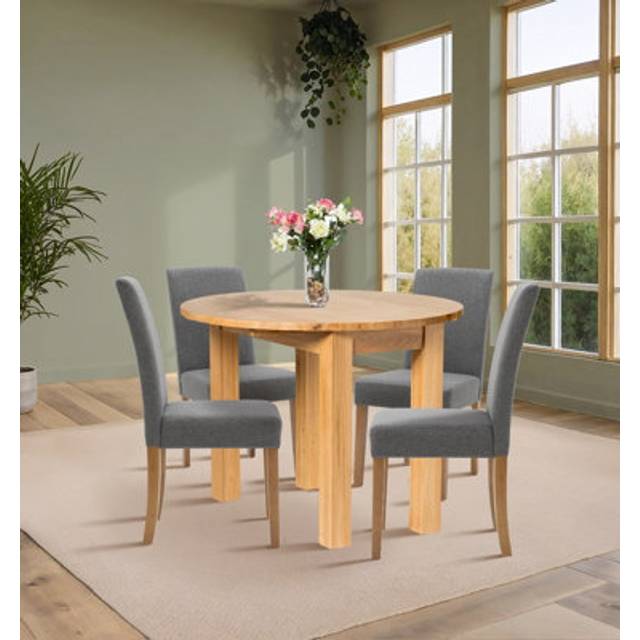 Hallowood Furniture - Waverly Oak Small Light Oak Dining Table and Chairs Set 4, Round Drop Leaf Kitchen Table and Upholstered Dining Chairs in Grey