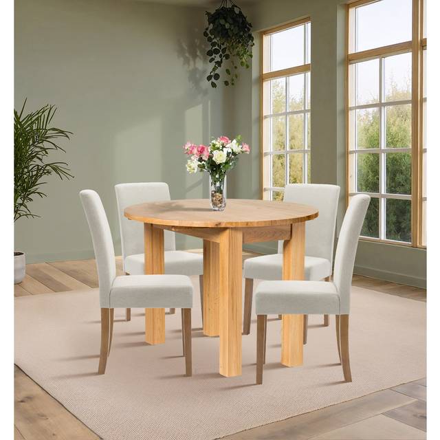 Hallowood Furniture - Waverly Oak Small Light Oak Dining Table and Chairs Set 4, Round Drop Leaf Kitchen Table and Upholstered Dining Chairs in Beige
