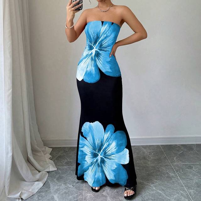 Elenzga Floral Print Fitted Sleeveless Tube Dress