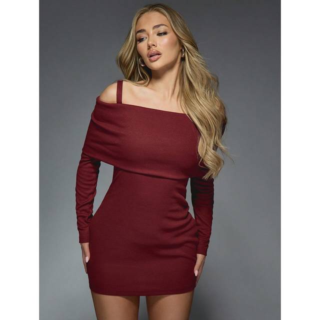 MISSGUIDED Folded Falp Bardot Long Sleeve Dress With Straps