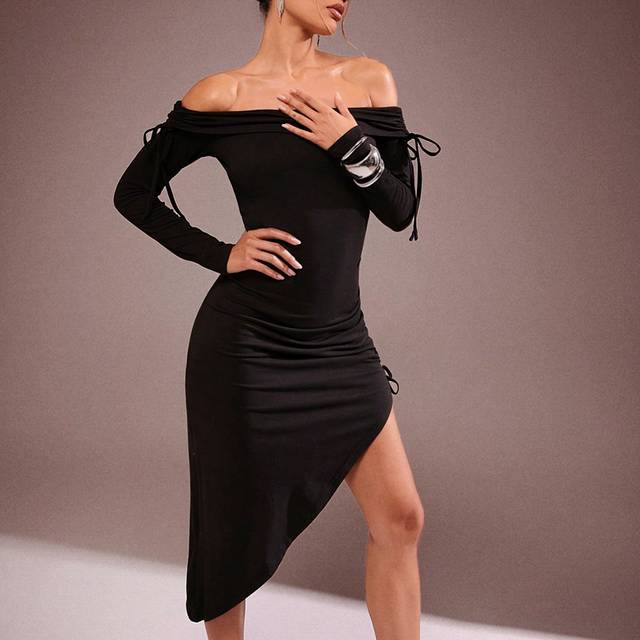 Hauture Women Solid Color Ruched Off Shoulder Long Sleeve Side Slit Fitted Elegant Mid-Length Dress