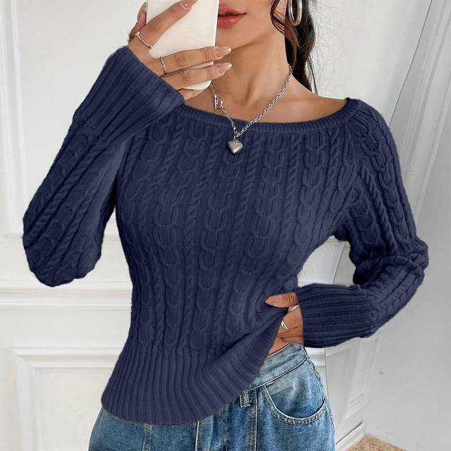 Flirla 1pc Women Solid Color Crew Neck Long Sleeve Casual Sweater, For Autumn/Winter,Long Sleeve Tops