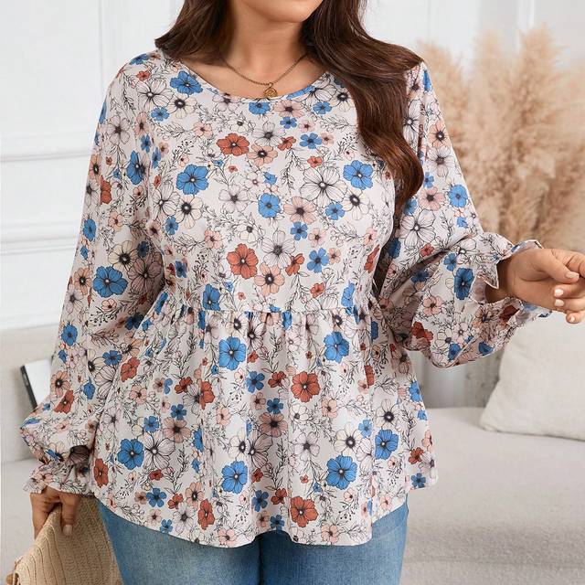 SHEIN Women&#39;s Plus Size Floral Print Ruffle Collar Long Sleeve Elegant Blouse