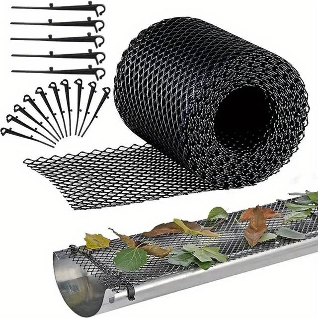 TEMU Plastic Gutter Guard Mesh Roll With Fixing Hooks - 6m Gutter Protection Net For Blockage Prevention On Roof Drains, Indoor Sewer Covers, And Garden Drainage Systems