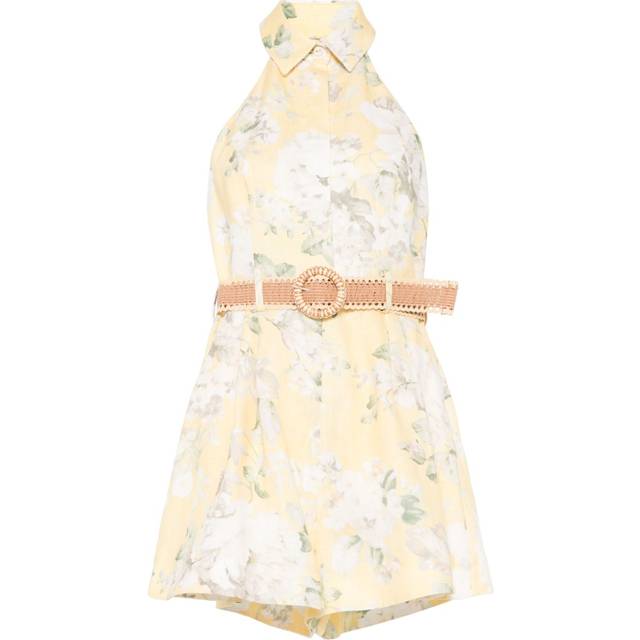 Zimmermann, Jumpsuits & Playsuits, Dam, M, Linne, Floral Short Playsuit med Krage - yellow (M)