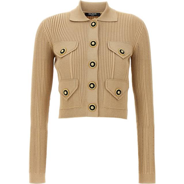 Balmain, Stickade tröjor & koftor, Dam, S, Polyester, Beskuren ribbstickad kofta med öppna detaljer - beige (S)