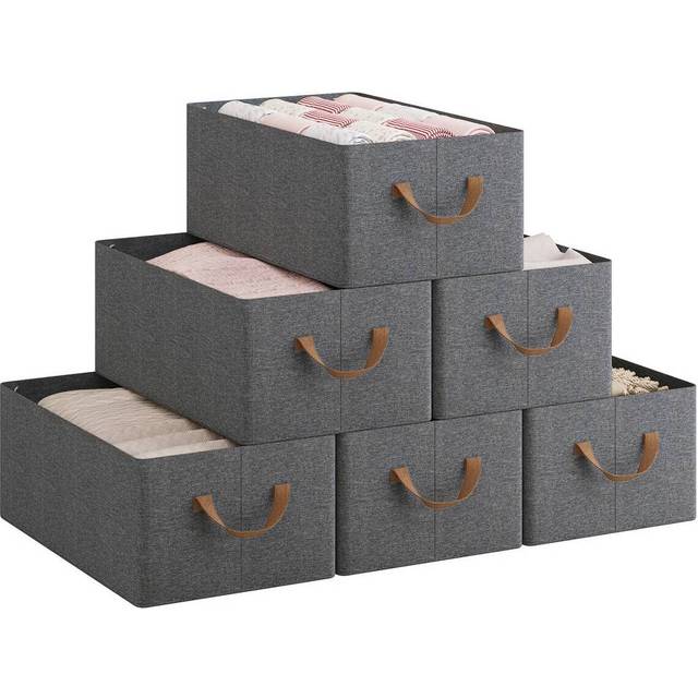 Woltu - Set of 6 Foldable Storage Boxes, Fabric Containers with Handles, 37.5x26x20 cm, Grey+Brown