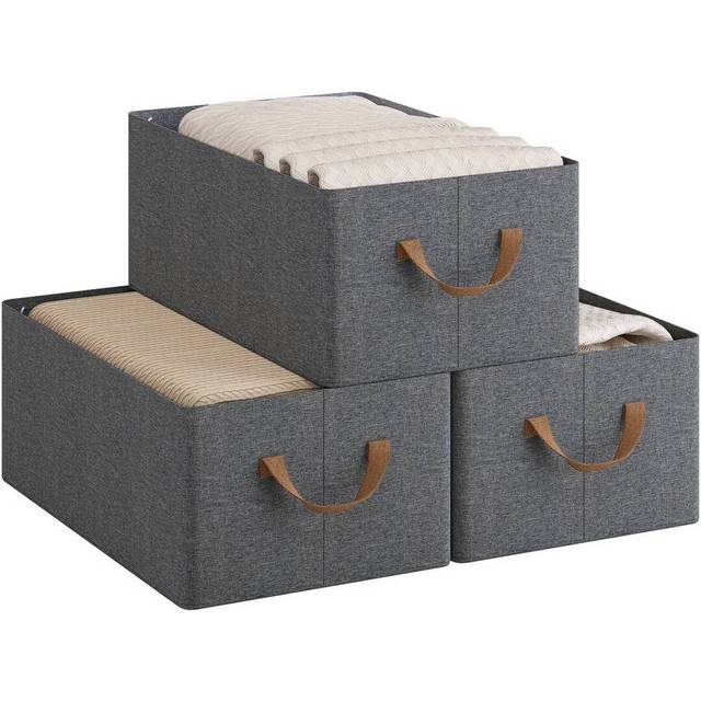 Woltu - Set of 3 Foldable Storage Boxes, Fabric Containers with Handles, 47x28x20 cm, Grey+Brown