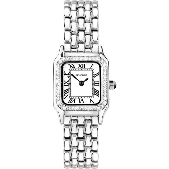Sekonda Monica damer 20 mm kvartsur, legeringsfodral och armband med stenuppsättning infattning och vit urtavla, All Sparkle Silver, Klassisk
