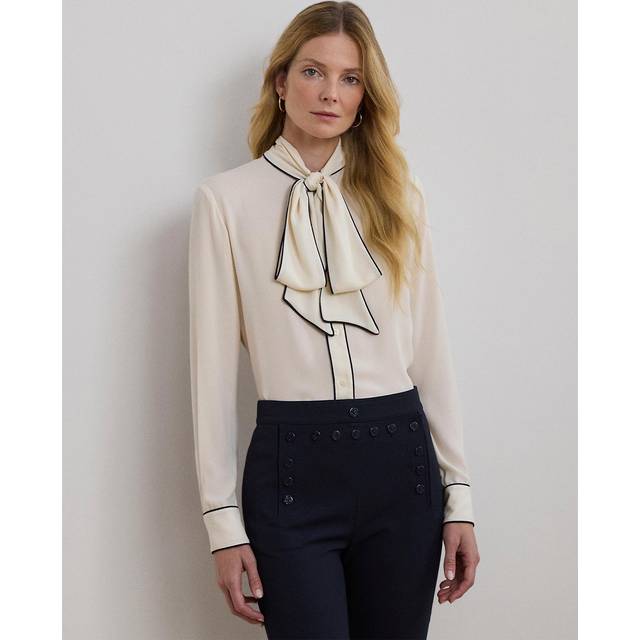 Lauren Ralph Lauren Two-tone Georgette Tie-neck Blouse Woman Shirt Cream Size M Recycled polyester, Polyester - White