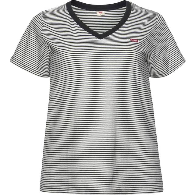 Striped V-Neck T-Shirt with Short Sleeves - Black Striped/White - 20/22