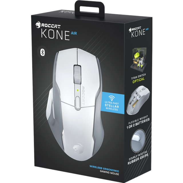 ROCCAT Kone Air - Ergonomisk trådlös spelmus med 800 timmars batteritid, 19 000 DPI-optisk sensor, sidobeläggning i dubbelt injicerat gummi, vit
