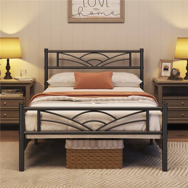 88.5cm Height Metal Bed Frame with Cloud-inspired Design Headboard - Black (Single (3&#39;))