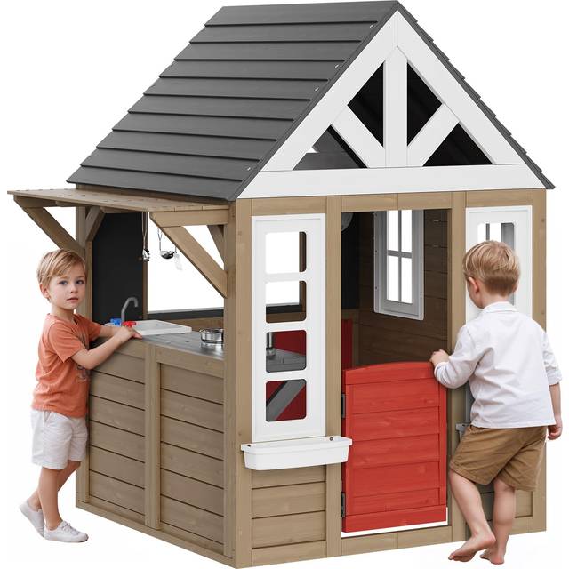 VEVOR Lekhus i trä, trädgårdshus för barn från 2 år, trädgårdshus, lekhus av cederträ i lantlig stil med dörr, fönster, blomkrukshållare, grill, spis och handfat