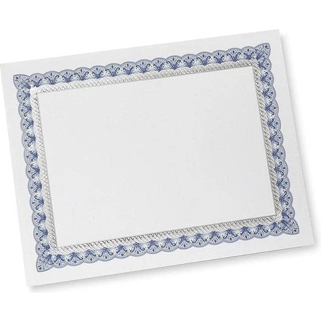 Gartner Studios Certificate Paper  White with Blue and Silver Ornate Foil Border  80lb 8.5  x 11   15 Count
