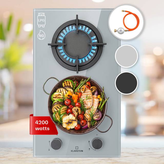 Klarstein Gas Cooker, 2 Burners Gas Hob, 4200W Built In Two Ring Electric Hob, Campervan Cooktops Gas Cookers, Stainless Steel Glass Top Wok Burner, 2