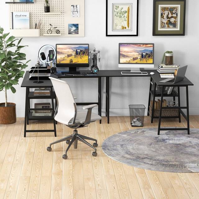 120Cm L-Shaped Computer Desk Corner Study Writing Desk With Outlets - Black (29.53cm H X 120cm W X 47.24cm D)
