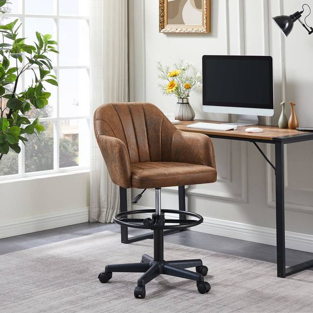 Modern PU Leather Office Desk Chair With Armrest And Wheels, Height Adjustable Task Chairs, 360Â° Rolling Swivel Computer Chair - Brown (102cm H X 58cm W X 58cm D)