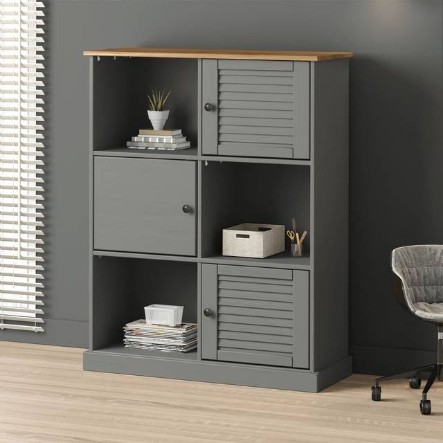 VIGO Bookcase In Grey Solid Pine Wood – 90X35x114.5 Cm Tall Storage Shelf For Living Room & Office (114.5cm H X 90cm W X 35cm D)